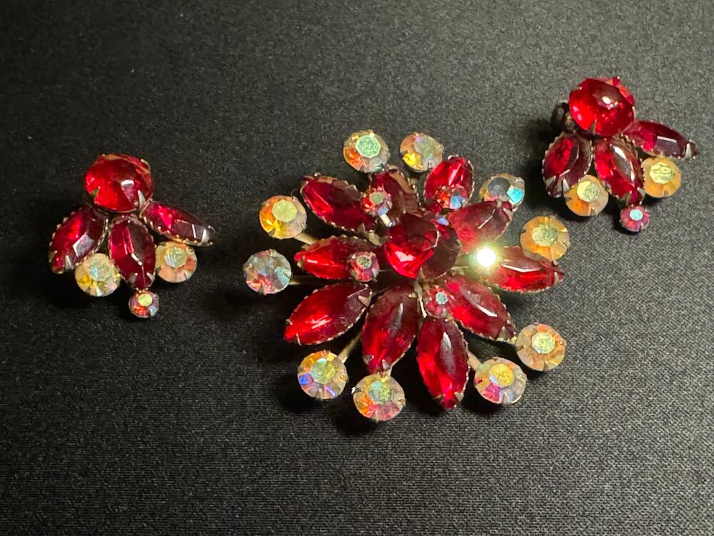 Vintage Red & AB Rhinestone Brooch w/ Matching Clip On Earrings
